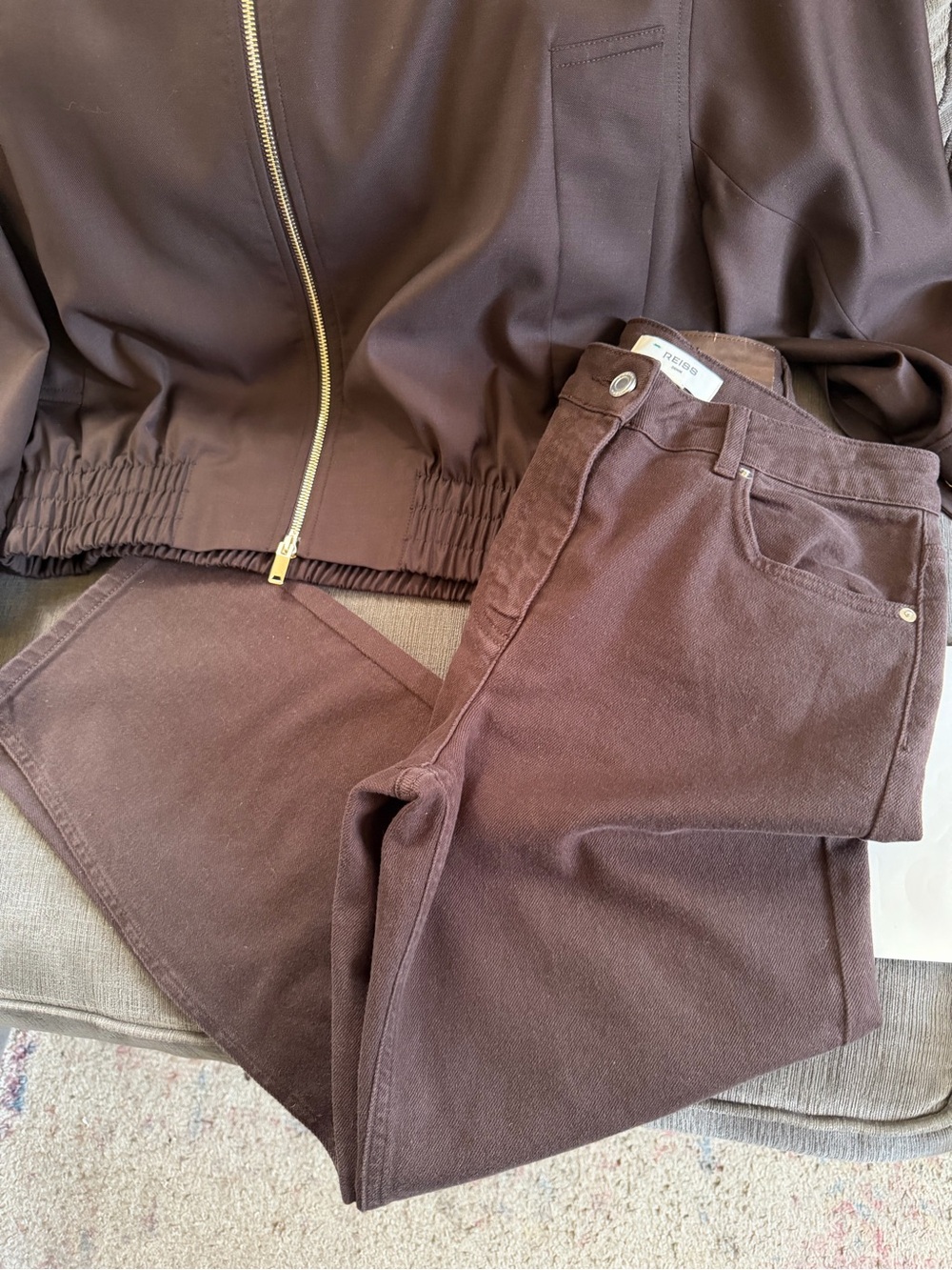 Reiss Dark Brown Bomber Jacket and matching jeans size 28r nwot bundle 🍂🍃🍁 - Picture 14 of 15